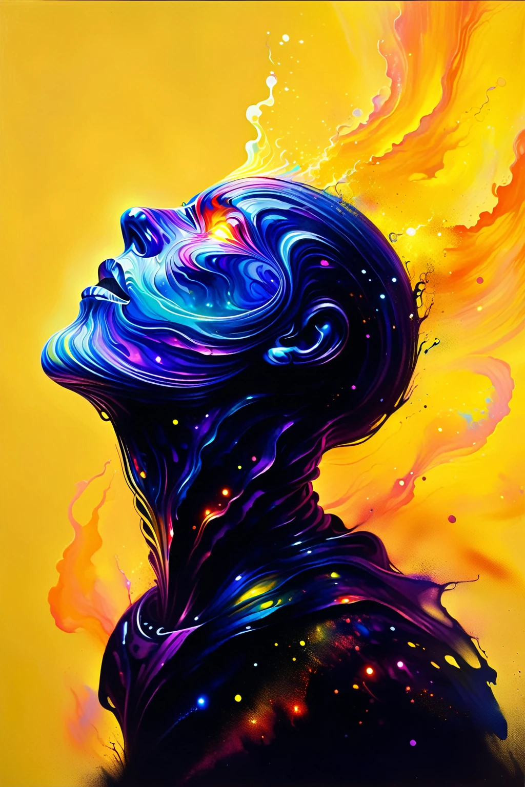 In a mesmerizing oil painting, a mysterious figure emerges from a haze of swirling colors. Their retro attire shines with metallic accents, while vibrant neon lights illuminate their expressionless face. The composition exudes nostalgia and intrigue, leaving viewers longing for a forgotten era. the gardens of sound made out of ral-hlgrphic,( hyperrealistic art breathtaking a lineart (vibrant alcohol ink sketch). [magnificent faetastic , , intriguing weirdness, color schemes extravaganza, mystery of darkness, unusual natural aesthetics, glossy].

