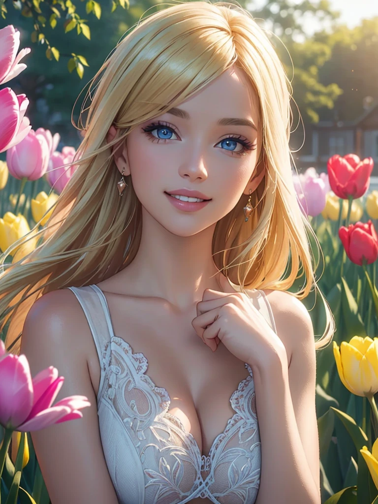 (Best quality,ultra detailed,photorealistic:1.37),Bright and rich colors,studio lighting,playful facial expression,stylish makeup,Long blonde hair fluttering in the wind,inviting eyes,glossy lips,sexy pose, Tulips, I smile confidently and seductively,posing for a professional photo shoot,shallow depth of field,highlighting the main subject,soft natural light,Creating a dreamy and magical atmosphere.