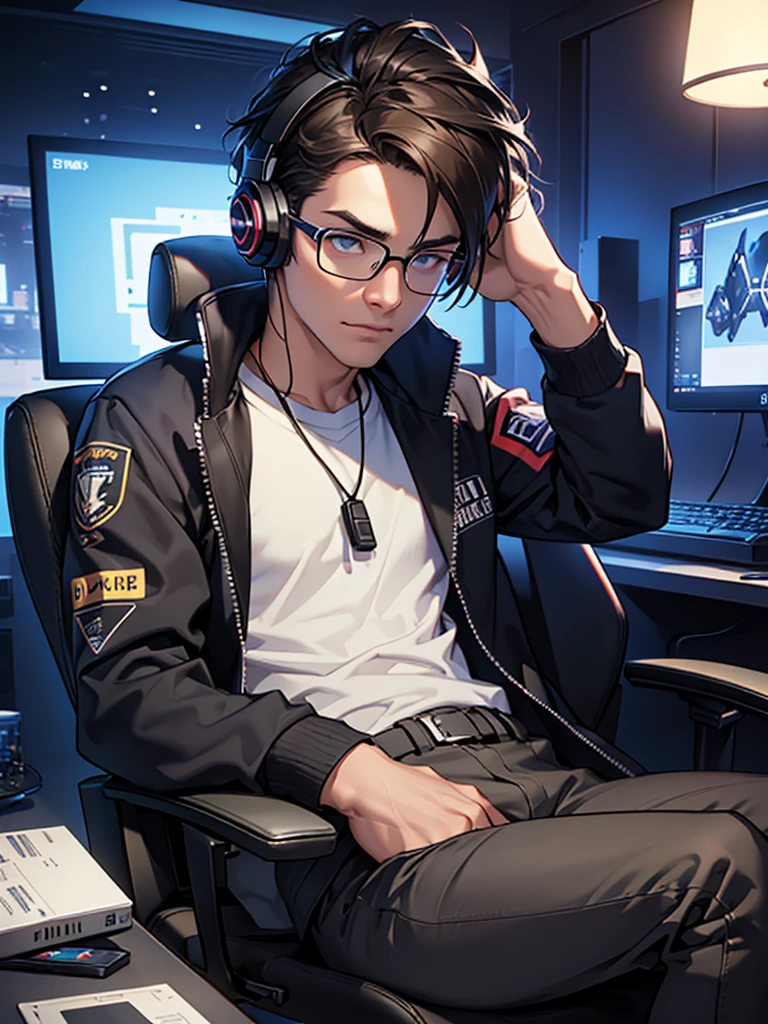 ((highest quality, masterpiece, 4k, finely detailed, detailed eyes, detailed face, intricate details, gelbooru, pixiv)), ((solo)), 1boy, male, masculine, skinny, lanky, ((shaggy messy hair, longer bangs falling into face, blue hair color with dark blue strands)), ((steel blue eye color, half-lidded tired eye shape, bags under eyes)), looking at viewer, neutral expression, hands resting on lap, (((modern hoodie with dark blue and black colors, baggy black cargo pants))), hacker room background, ((wearing thick glasses with square frame-shape)), square jaw line, sitting on computer chair