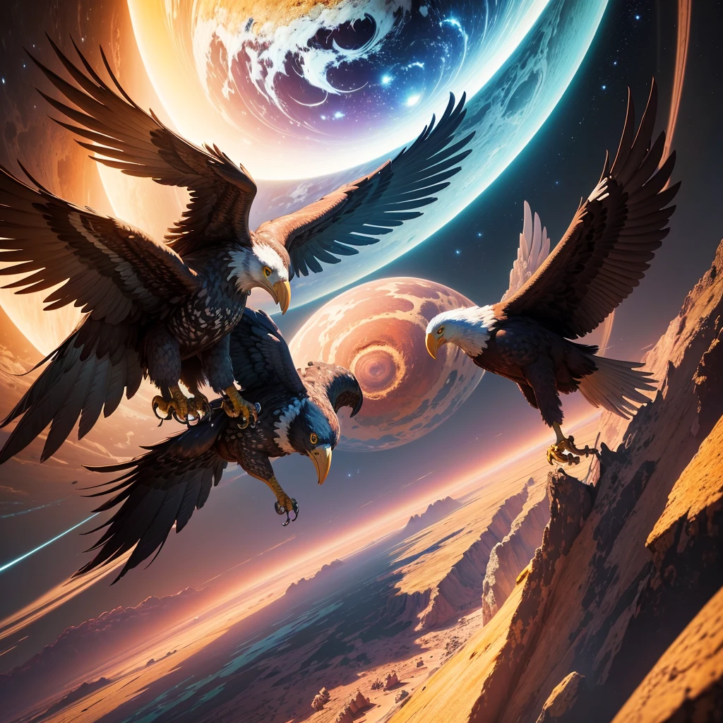 (best qualityer), work of art, extremely detailed 8K illustration, high color, extremely high color saturation, all the colors deepened, paint, realist art, central composition, extremely detailed light and shadow, 1 planet saturn, 1 flying eagle holding the planet with its claws