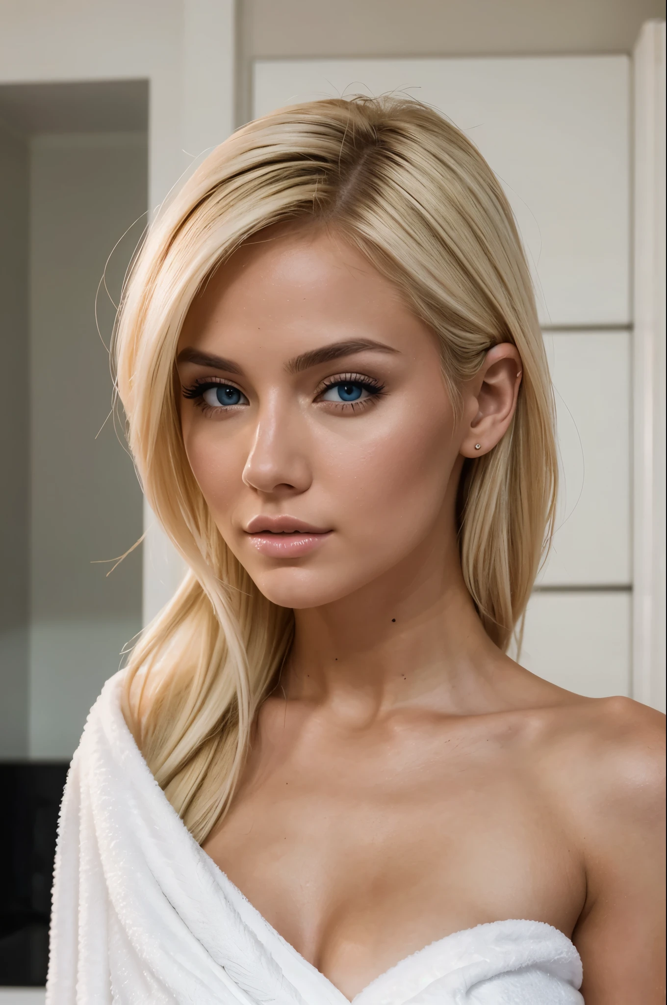 a medium shot of a blonde Instagram model, wearing a small white towel, seductive look, flirting with camera, closeup, bending