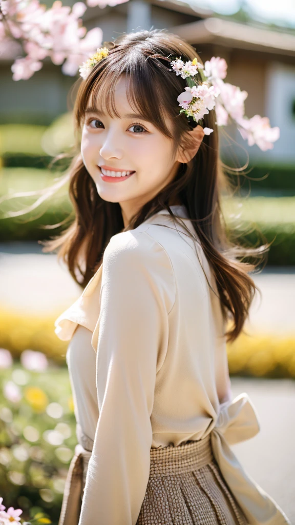 best quality ,masterpiece,ultra high res, very beautiful, kawaii, (photo realistic:1.4), 1girl, Japanese, brown hair, Cinematic, 35mm lens, f/ 1. 8, accent lighting, 8k, wearing spring fashion, Hill with Spring Flowers, hair band, light smile