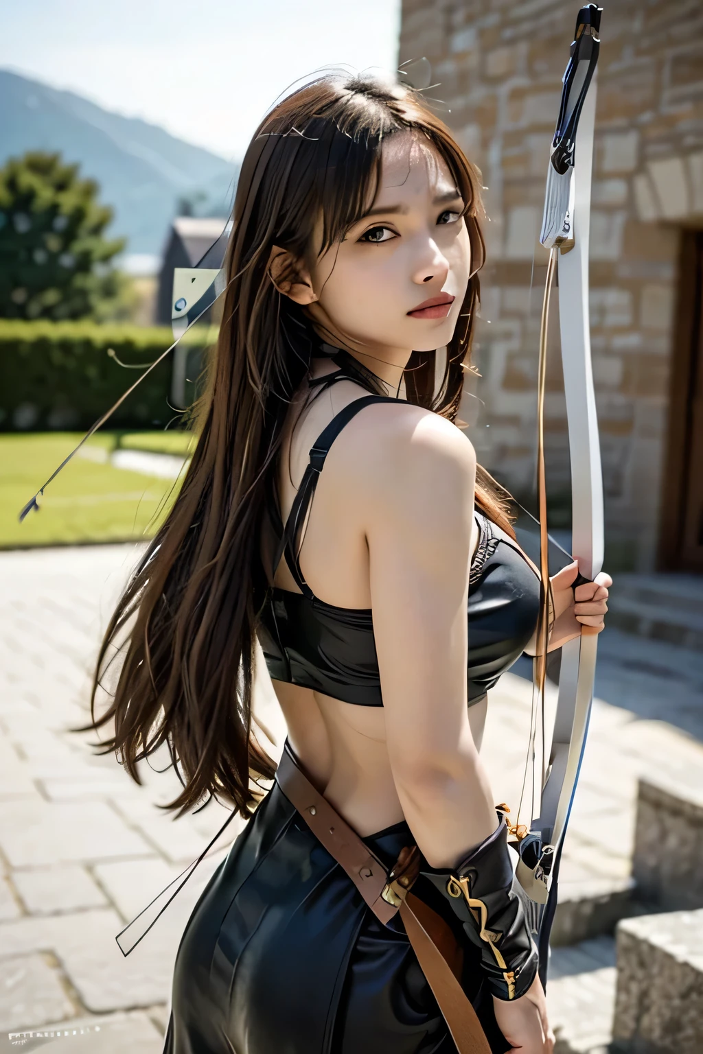 8k,A female adventurer from another world,so beautiful(Like the real thing),Adult woman in leather armor,Brown Hair,blue eyes,((Woman shooting with a stone crossbow:1.5))、Brown combat trousers,Dagger on hip,Walking in mountainous areas,Perfect Face,Perfect hand shape,charm,Volume measurement,Body balance,超High resolution,super Realistic skin,Digital single-lens reflex camera, Soft lighting, high quality, Highly detailed face, Highly detailed eyes, highly detailed skin, skin, Scattered beneath the surface of the water, Highly detailed face, Highly detailed eyes, Beautiful expression, lip, Detailed Background, Written boundary depth, Small breasts、Volumetric lighting, Sharp focus, Absurd, Realistic proportions, Excellent anatomy, (Realistic, 超Realistic:1.4), 16k hdr, dawn,High resolution,super Realistic skin,super Beautiful expression,Fantasy art,Character Art,Dynamic pose,Compensate,Brown cloak,Carrying large luggage on your back,