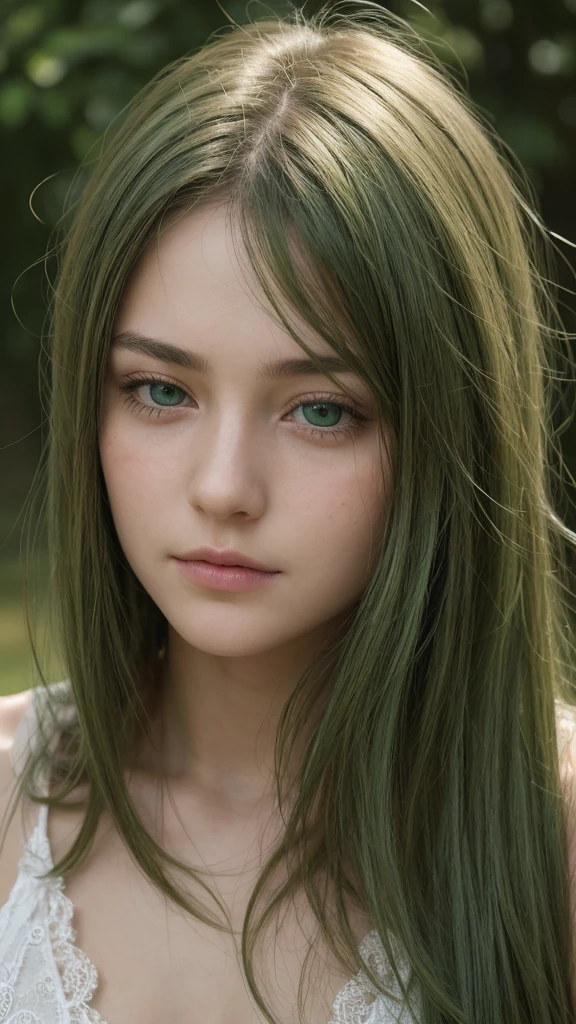 facial portrait. a girl. Europe. Extremely detailed face. Oval face. delicate facial features. sexy face. green eyes. half-closed eyes. long straight hairstyle. messy hair. green hair. sad expression