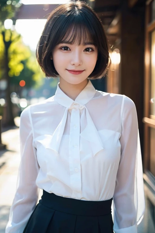 (highest quality,masterpiece:1.3,ultra high resolution),(Super detailed,caustics,8k),(photorealistic:1.4,RAW shooting),1 girl,(look at the camera with a smile),20-year-old,cute,Japanese,black hair short cut,long sleeve blouse,big ,bust up shot,street,face focus,face close up,sunshine,Natural light,(Backlight),(A bright light shines from behind),(Lens flare),professional writing,(low position:1.1),(Low - Angle:1.1)