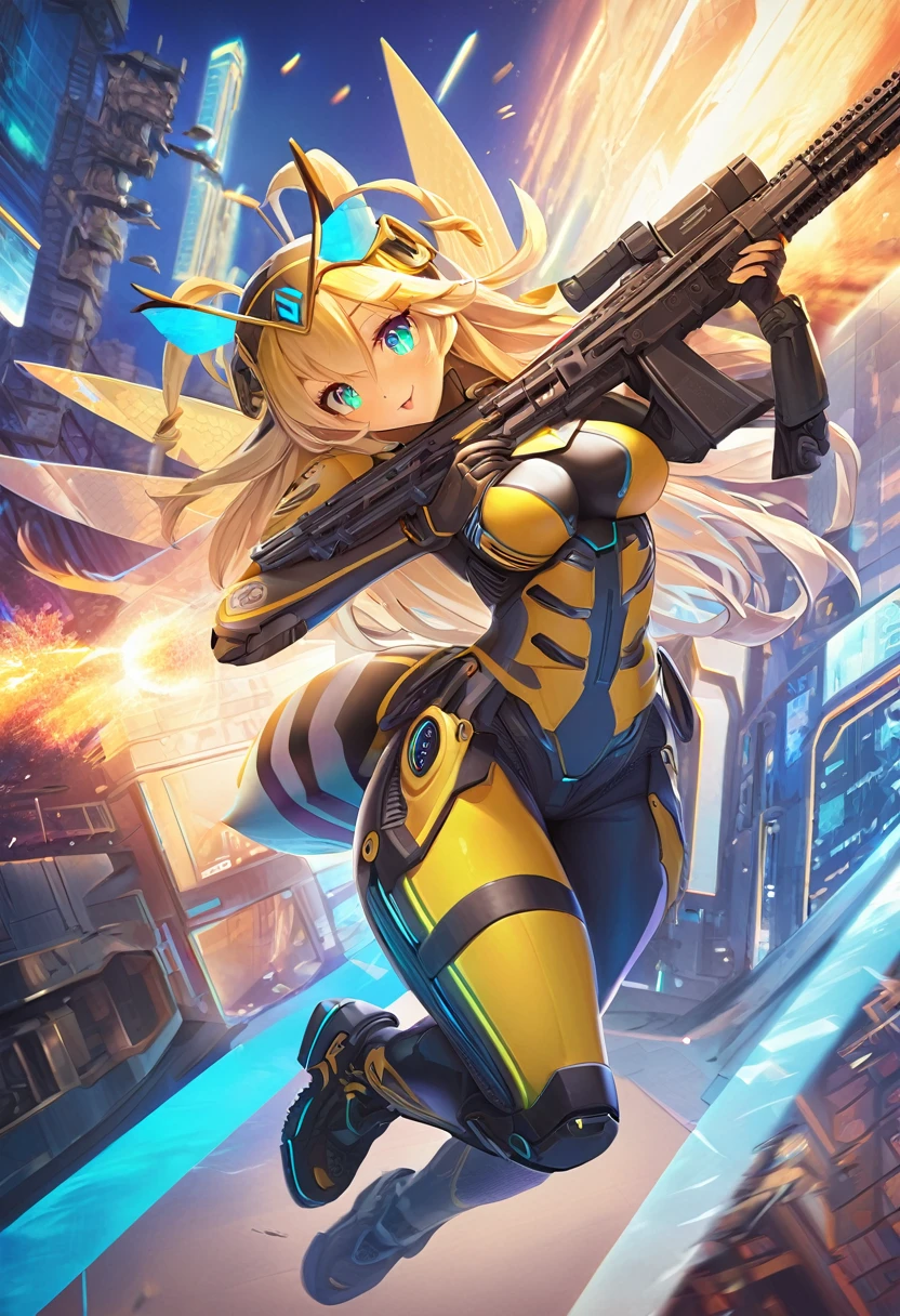 a beautiful (((kemono bee))) goddess with long blonde hair, wearing stylish high-tech armor in shades of yellow and black, a detailed bodysuit, (((firing machine guns))), joyful expression, intricate futuristic background, hourglass body, dynamic composition, cinematic lighting, vibrant colors, highly detailed, 8k, concept art style
