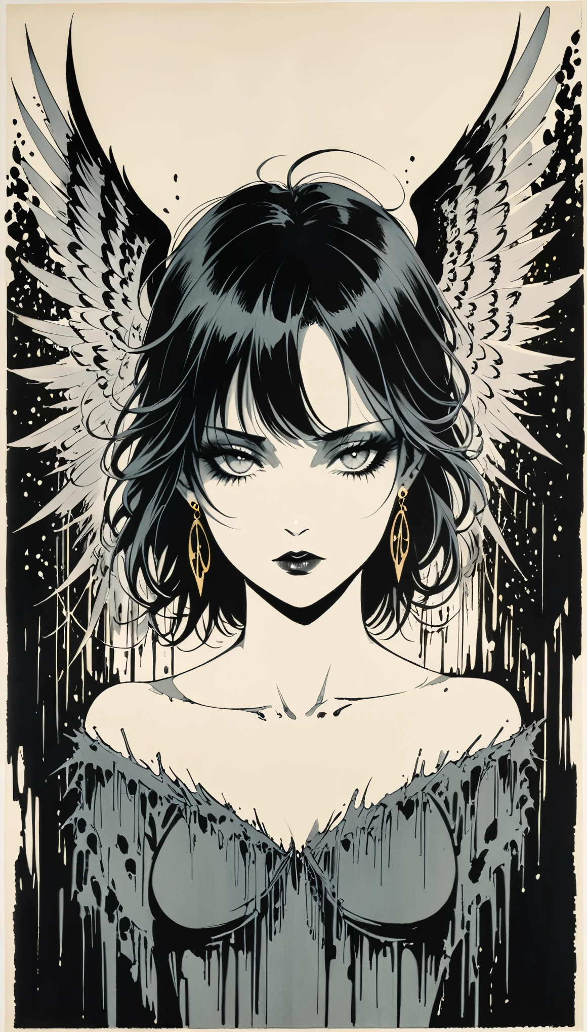 in style of Gris Grimly,in style of Hans Hartung,in style of Henrietta Harris
amazing artistic special effects from Hans Hartung,{with the text:"GoD IS DEAD":1.8},1girl,captivating gaze,multiple earrings,fallen angel background