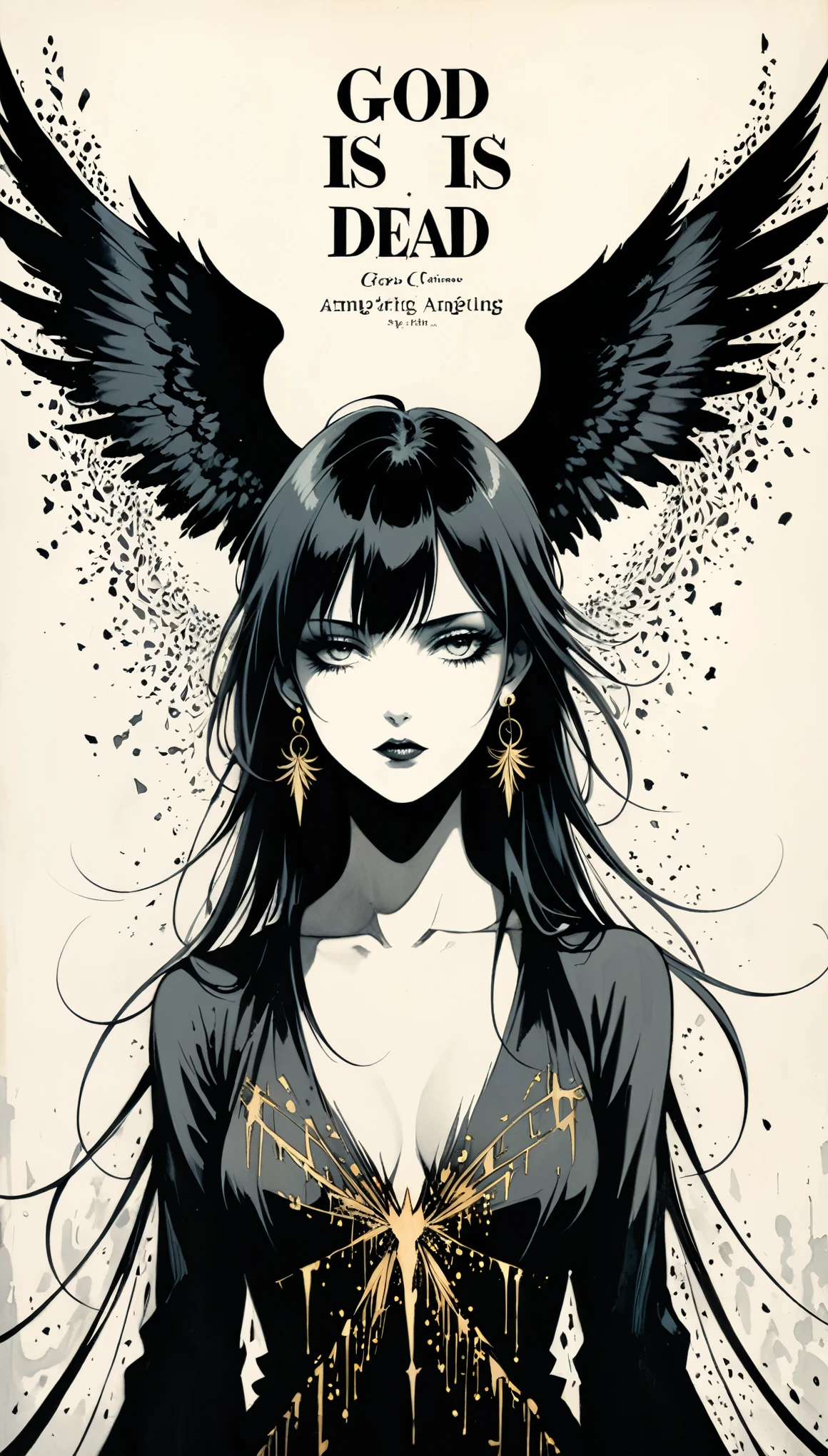 in style of Gris Grimly,in style of Hans Hartung,in style of Henrietta Harris
amazing artistic special effects from Hans Hartung,{with the text:"GoD IS DEAD":1.8},1girl,captivating gaze,multiple earrings,fallen angel background