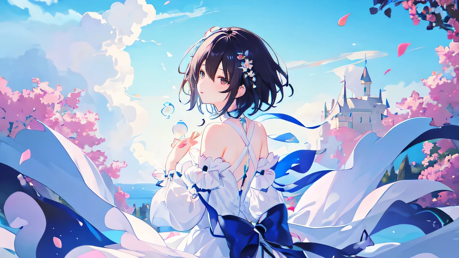 (masterpiece:1.2), Highest quality,Pixiv,
Fairytale Style, One girl, cloud, alone, null, Black Hair, fish, flower, bubble, blue null, short hair, Outdoor