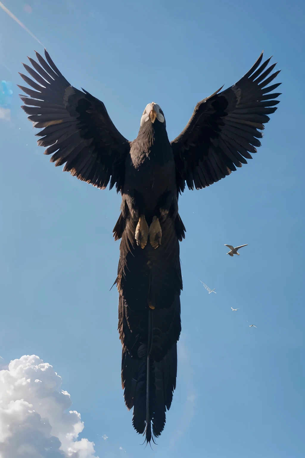 A massive condor soaring high in the sky, spreading its enormous wings, sunlight glinting off its feathers, majestic and awe-inspiring, photorealistic, dramatic lighting, cinematic composition, vibrant colors, hyperrealistic, 8k, award winning photograph