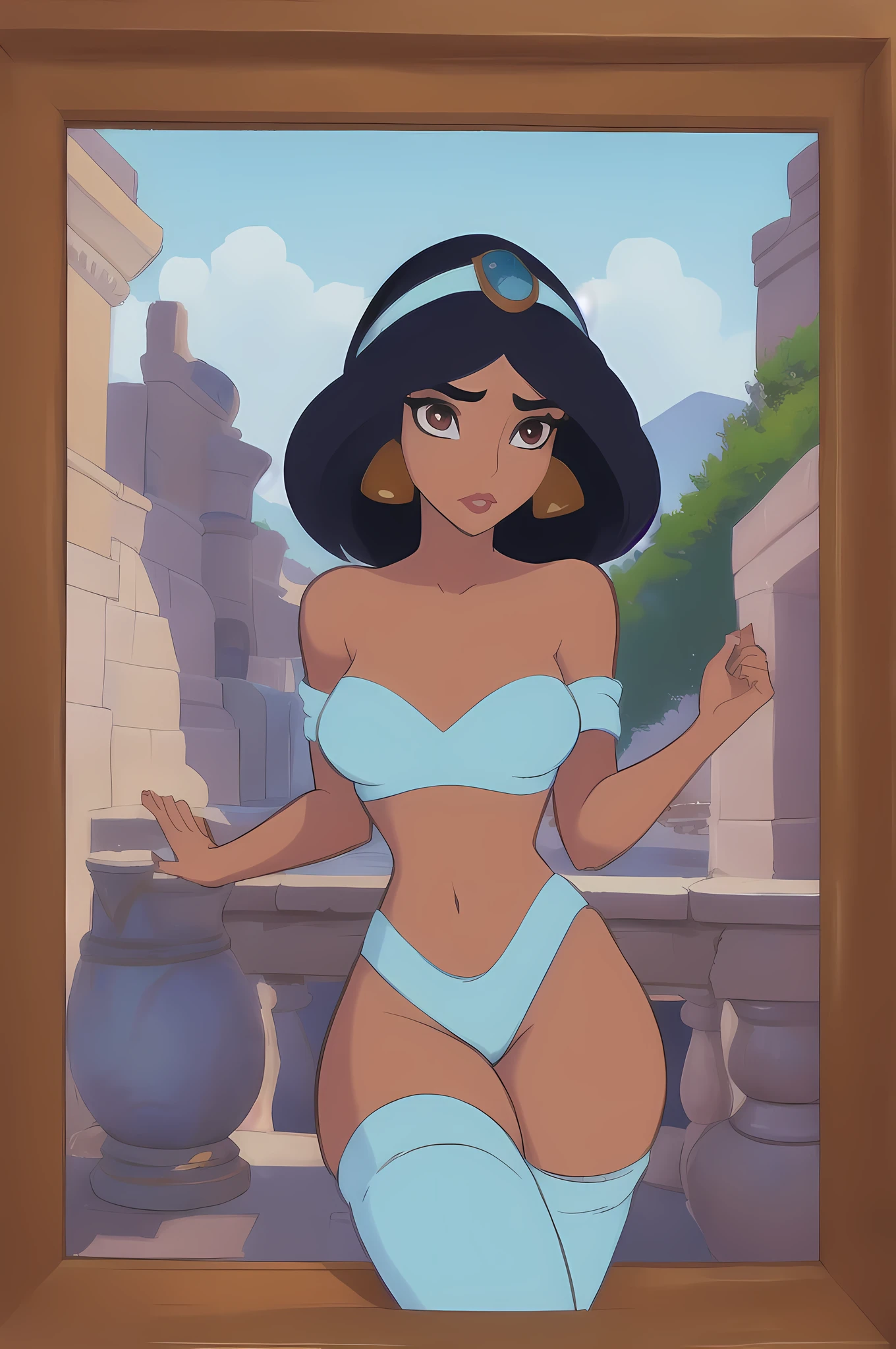 (Masterpiece, best quality: 1.2), solo focus, a sophisticated fanart, artwork about princess Jasmine, gazing lovingly and gently and serenely at the viewer, solo, alone, looking at viewer, centered and direct eyes, leaning-in close, face pov, beautiful face, perfectly-aligned eyes, open-eyes, matching beautiful brown eyes, eye symmetry, facial symmetry, tasteful sexy tanlines, fine-detail, high-focus, hard edges, thick lines, mid-level shading, well-outlined, well-drawn, artistic excellence, feminine, attractive, harem dancer outfit with thong, tubetop that clings to her nipples very-tightly, clothing accentuates her nipples, exposed navel and midriff, concept art, traditional media pencil-style drawing, fine-art by Tom Mulliner, realistic artwork by JIRKA VINSE, classic disney-themed artwork by Isabelle staub, art by Vixon, art by Inusen, art by Somka108, (lively hopeful expressive eyes with eye-highlights, normal round-shaped pupils,) flawless opaque skin, even-complexion, tan skin with tasteful tanlines, clean face, clean art, porportional hands, hand symmetry, sexy feminine hands, body symmetry, perfect vision, single image, pristine, picturesque, cute sultry sexy face,