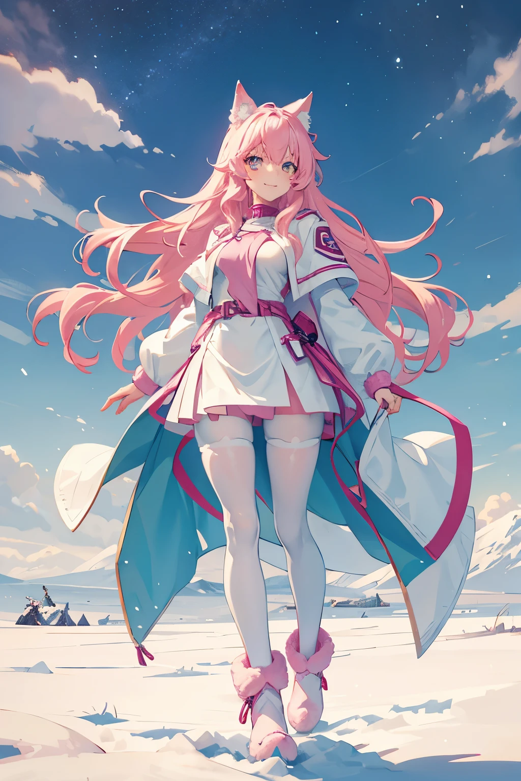 wolf girl, pink hair, light blue eyes, short fluffy boots with toes showing, full body, long wavy hair, gentle smile, medium breasts, pantyhose, adventurer white leather jacket, short-medium length skirt, standing up normally in a snowy field