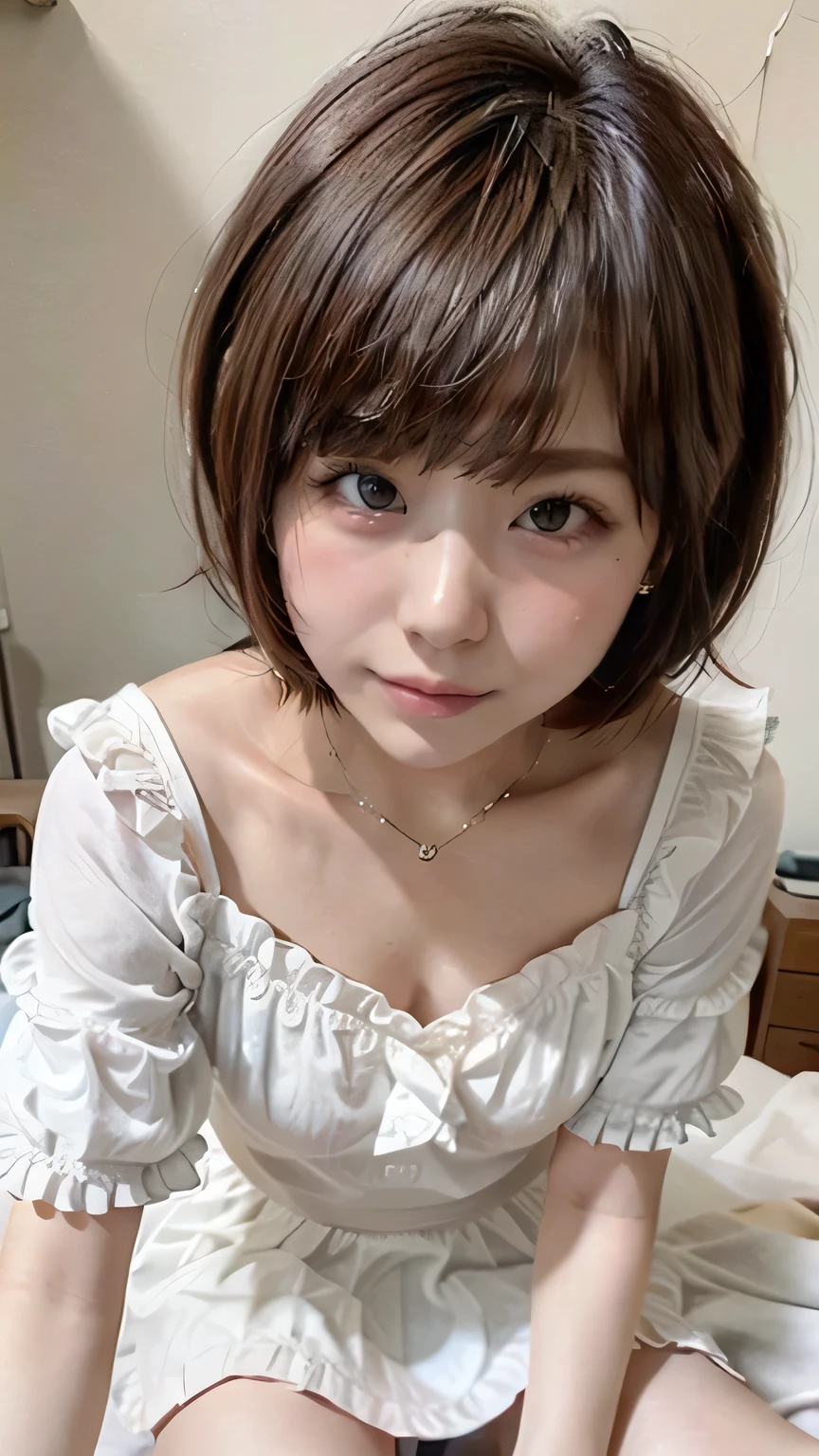 (Realistic、Like a photograph、Live Action、8k, Realistic, RAW Photos, Best image quality: 1.4), Single-lens reflex camera、RAW Photos, Highest quality, Realistic, Highly detailed CG Unity 8k wallpaper, Written boundary depth, Cinematic Light, Lens flare, Ray Tracing, Realistic background、A landmine girl on all fours on the bed staring at me、Kneel、((Wearing a white blouse:1.4)、((Wear a frilly skirt:1.1)、Large Breasts))、((ultra high density skin))、 1 female,cute Japanese、The whole body is visible:1.5、(Silver Hair:1.2、short hair:1.2、My hair flutters in the wind)、stylish ambiance、Very detailed and perfect costume、(White skin)、Precise and beautiful legs:1.1、View from the front、Super detailed face