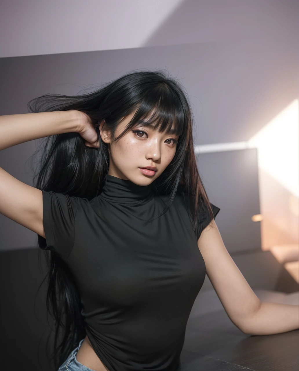 a young asian woman,20 years old,black blouse,long black hair with bangs,black eyes,full lips,light makeup,highly detailed facial features,freckles,(best quality,4k,8k,highres,masterpiece:1.2),ultra-detailed,(realistic,photorealistic,photo-realistic:1.37),portrait,natural lighting,warm color tones