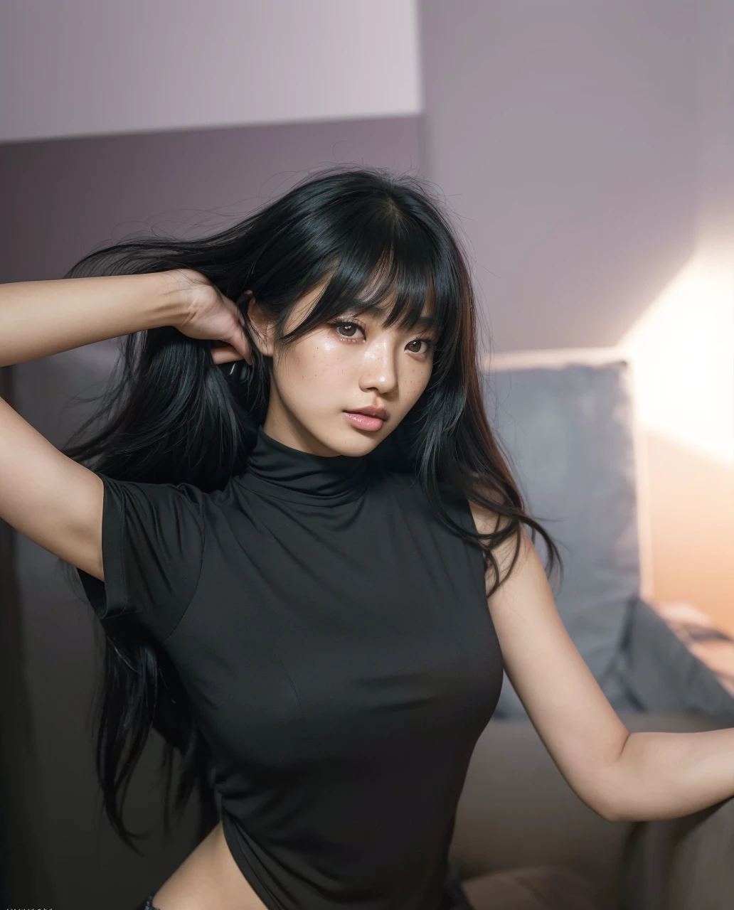 a young asian woman,20 years old,black blouse,long black hair with bangs,black eyes,full lips,light makeup,highly detailed facial features,freckles,(best quality,4k,8k,highres,masterpiece:1.2),ultra-detailed,(realistic,photorealistic,photo-realistic:1.37),portrait,natural lighting,warm color tones