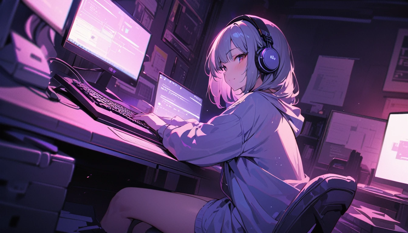 Highest quality,masterpiece,,high resolution,4K,Atmospheric,Detailed Description,Girl typing on a computer keyboard,,Private room,headphone,A foolproof move,Staring at your computer screen