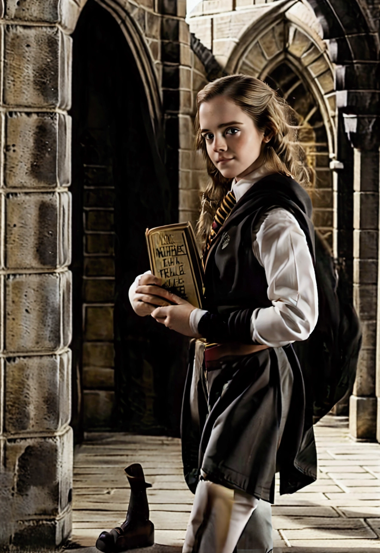 Hermoine Granger Hogwarts uniform., mini skirt, white pantyhose, walking with his books , patio the Hogwarts, bright sunny day