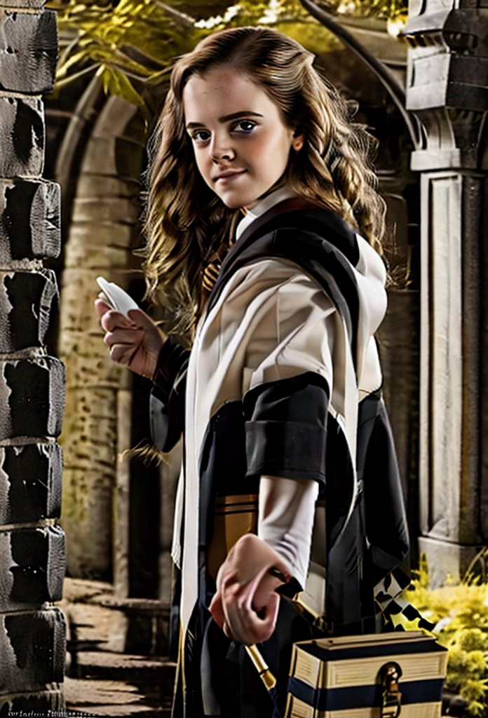 Hermoine Granger Hogwarts uniform., mini skirt, white pantyhose, walking with his books , patio the Hogwarts, bright sunny day