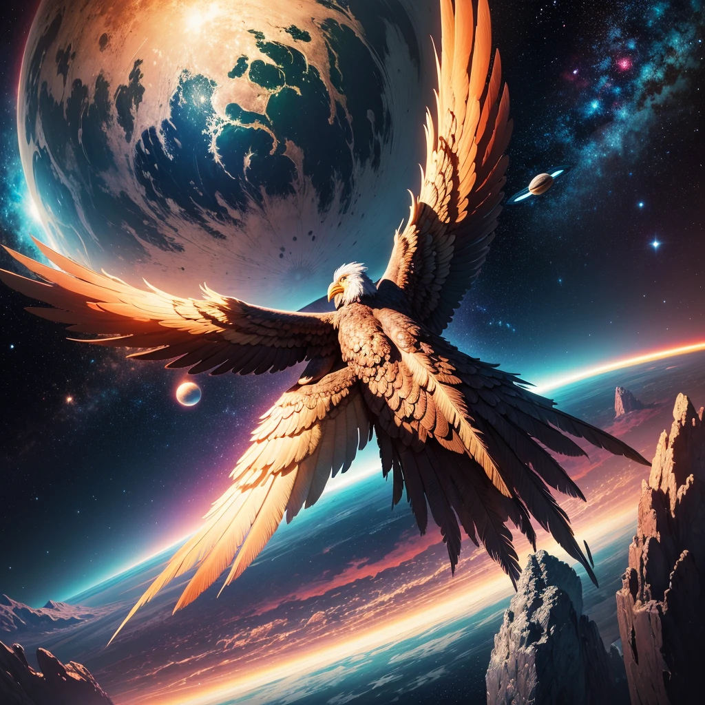 (best qualityer) extremely detailed 8K illustration, high color, extremely high color saturation, all the colors deepened, realist art, central composition, extremely detailed light and shadow, 1 planet saturn, 1 flying eagle holding the planet with its claws, a galaxy composing the image.