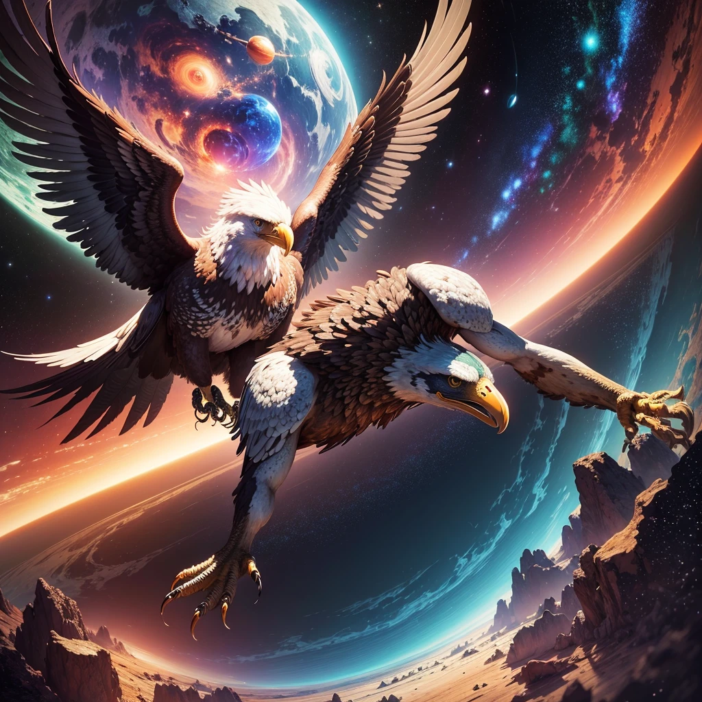 (best qualityer) extremely detailed 8K illustration, high color, extremely high color saturation, all the colors deepened, realist art, central composition, extremely detailed light and shadow, 1 planet saturn, 1 flying eagle holding the planet with its claws, a galaxy composing the image.