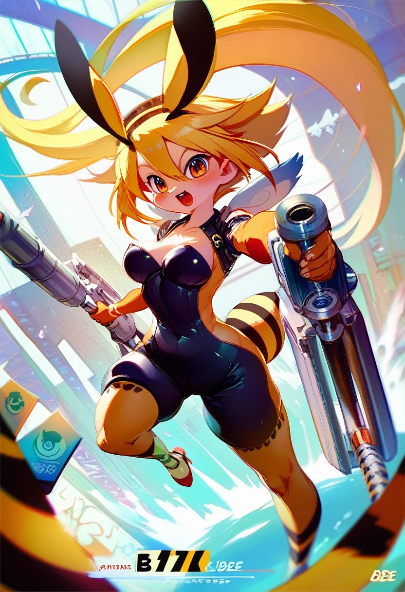 a beautiful (((kemono bee))) goddess with long blonde hair, wearing stylish high-tech armor in shades of yellow and black, a detailed bodysuit, (((firing machine guns))), joyful expression, intricate futuristic background, hourglass body, dynamic composition, cinematic lighting, vibrant colors, highly detailed, 8k, concept art style
