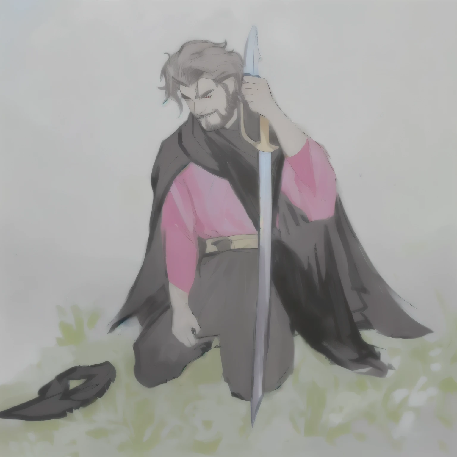 painting of a man with a sword and a red shirt on his knees and a torn black cape,, while holding an epée, inspirado em Robert Walker Macbeth, holding an epée, holds a sword, full colourful drawing, a portrait of the character, holds a sword negra, colourful drawing, as a medieval fantasy character, official fanart, man with scythe, character painting, colourful drawing, inspired by Altoon Sultan