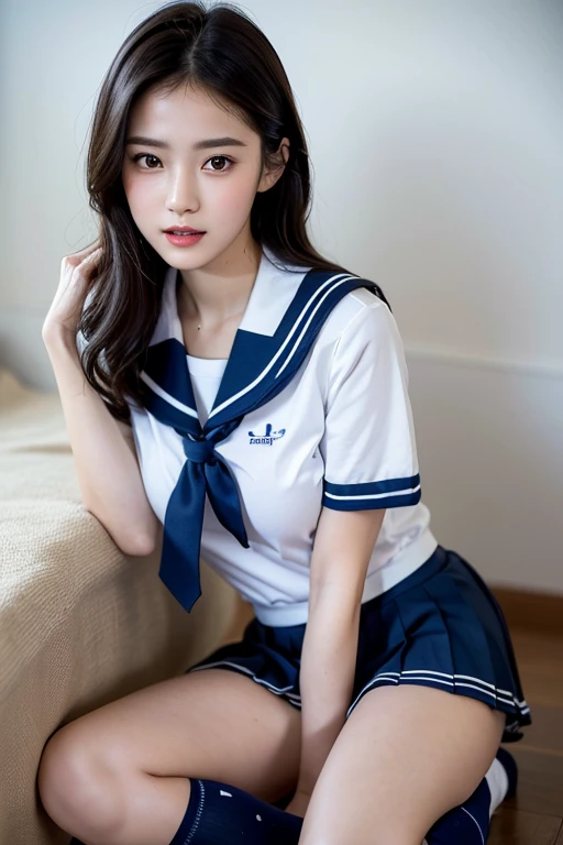 Highest quality,Ultra-detailed,masterpiece,Realistic,Photo realistic,Bright lighting,One Girl, Very beautiful 17 year old girl, (cute:1.2),A faint smile, (Brown eyes),(Black Hair),(Bans),Perfect glowing skin,Perfect Skin,((erotic,Sexy and sexually explicit)),((Accurate needles without discomfort)), Big ample breasts,Big breasts and small waist, Look at the viewers,((Sailor suit)),((Short sleeve uniform white shirt)),(Red tie),((Blue mini pleated skirt)), socks, (Black knee socks),(Loafer shoes), Daytime,