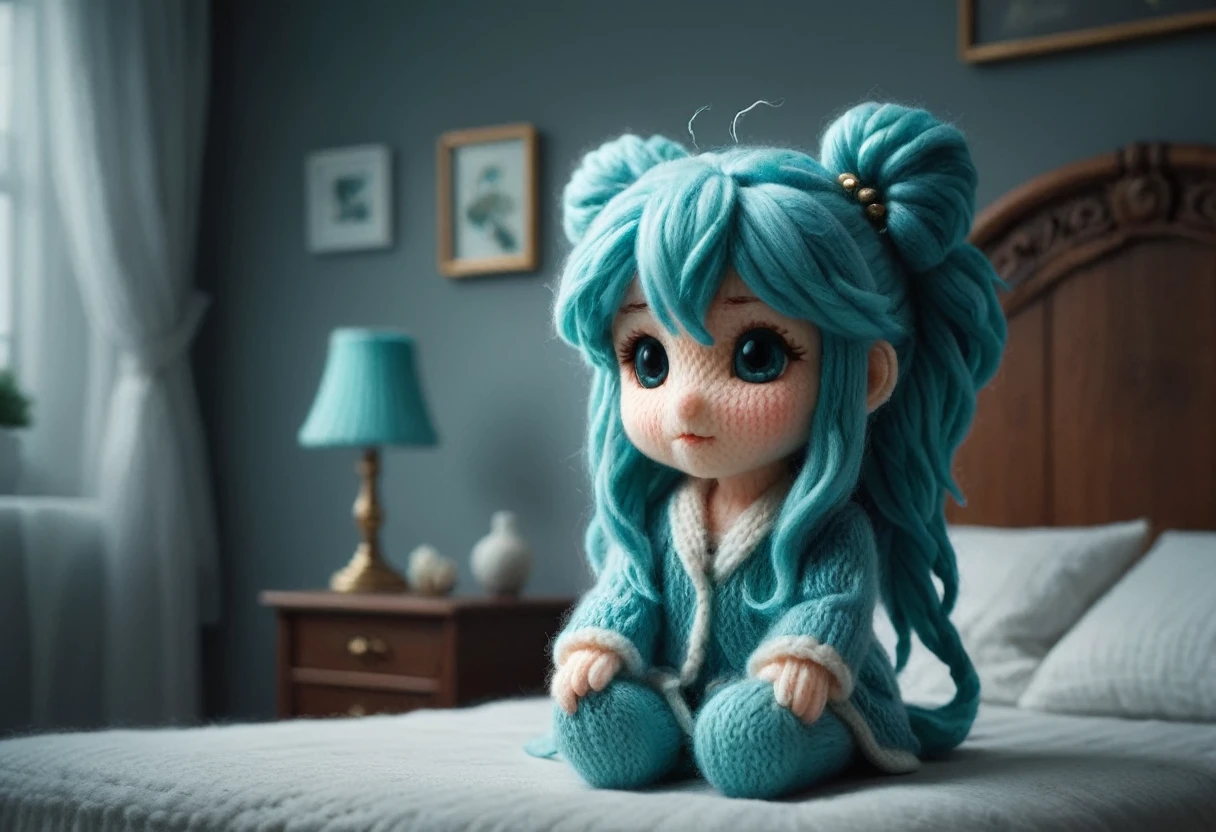 Photo of Hatsune Miku doll, Sit on the bed, Simple bedroom, Bokeh, Very fluffy and cute, Cozy and safe atmosphere, quiet, Dim light from the lamp, Very detailed, Ultra-realistic, 4K, High resolution, Donald Trump Doll Photo, Sit on the bed, Simple bedroom, Bokeh, Very fluffy and cute, Cozy and safe atmosphere, quiet, Dim light from the lamp, Very detailed, Ultra-realistic, 4K, High resolution, Complex, elegant, Highly reinforced, Dramatic Ambient Dynamic, rich, Dark color, A beautifully constructed film of cinematic perfection.