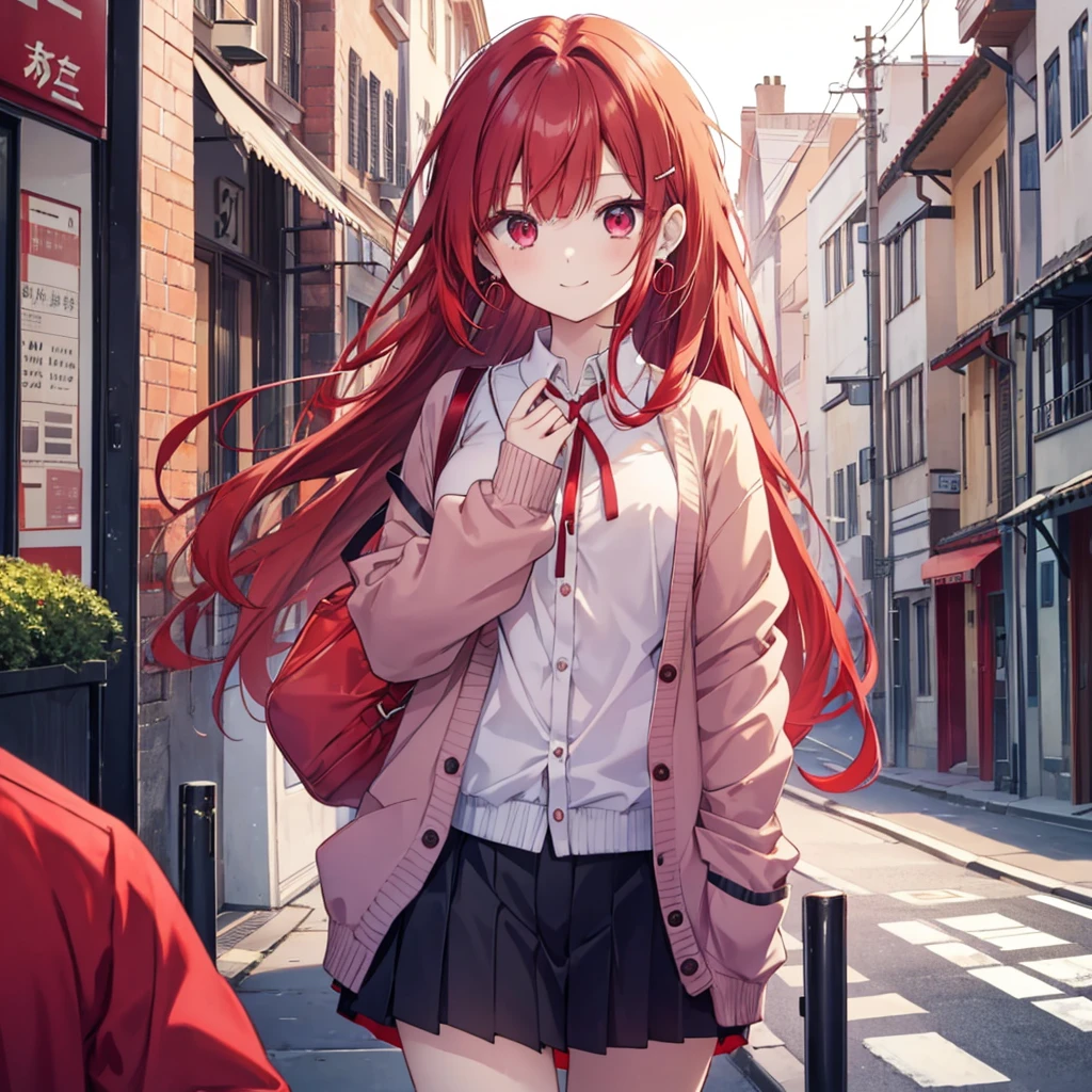 red hair red eyes、 girl、small breasts、long hair、smile、gal girl、wearing cute earrings、uniform、knit cardigan、With highlights around the eyes、cute hairpin、I can see the whole body、Going to school in the morning、In town