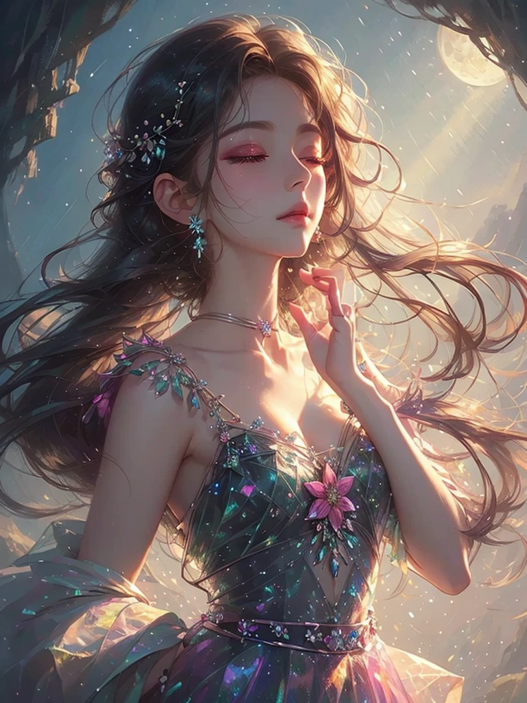 High quality, high resolution, profile of one beautiful girl with long pink and blue hair, eyes closed, fantasy flower field, holding crystals in both hands, moonlit night, black dress, fantasy art, Korean glitter eye makeup, very delicate makeup, sparkling flowing hair