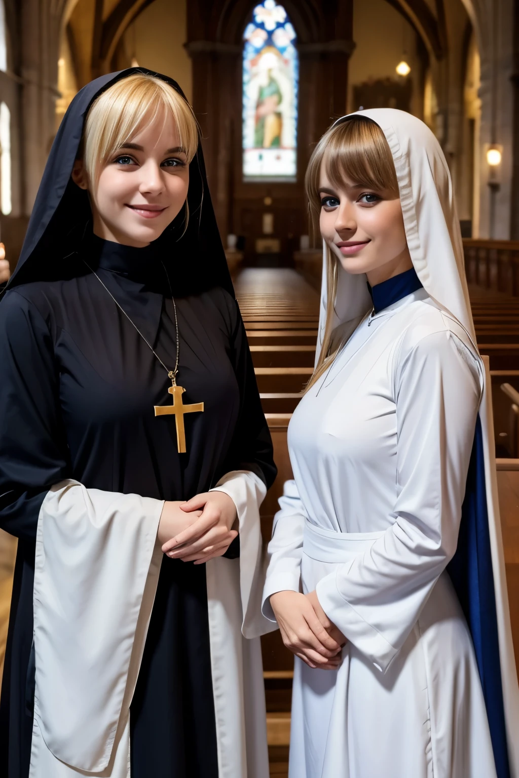 Two beautiful Italian girls、Blonde Hair、With bangs、Blue Eyes、smile、Beautiful breasts、Slim body、Monastic uniform、Nuns、Standing cuddly、In the church