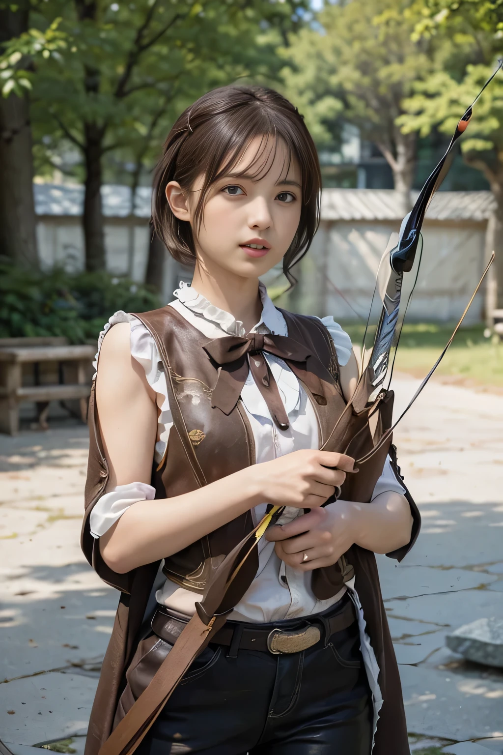 8k,A female adventurer from another world,so beautiful(Like the real thing),Adult woman in leather armor,((Woman with short brown hair:1.4)),blue eyes,((Cowboy Shot:1.4))、((Woman shooting with a stone crossbow:1.5))、Brown combat trousers,Dagger on hip,Walking in mountainous areas,Perfect Face,Perfect hand shape,charm,Volume measurement,Body balance,超High resolution,super Realistic skin,Digital single-lens reflex camera, Soft lighting, high quality, Highly detailed face, Highly detailed eyes, highly detailed skin, skin, Scattered beneath the surface of the water, Highly detailed face, Highly detailed eyes, Beautiful expression, lip, Detailed Background, Written boundary depth, Small breasts、Volumetric lighting, Sharp focus, Absurd, Realistic proportions, Excellent anatomy, (Realistic, 超Realistic:1.4), 16k hdr, dawn,High resolution,super Realistic skin,super Beautiful expression,Fantasy art,Character Art,Dynamic pose,Compensate,Brown cloak,((Carrying a big bow:1.4)),