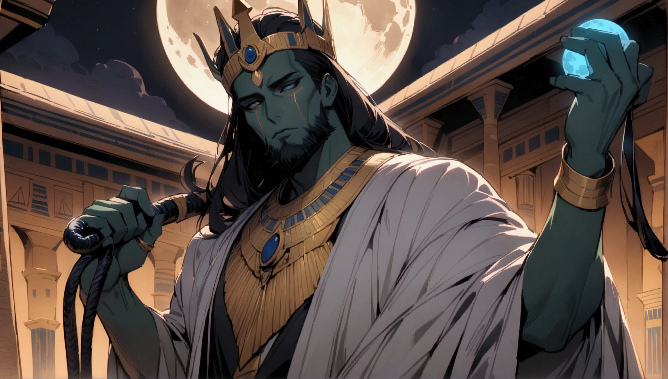 masterpiece, the best, night, full moon, 1 adult man, Egyptian architecture, cold face, Egyptian god, white clothes, closed arms, whip in hand, Egyptian crown, black beard, greenish skin, facial details,