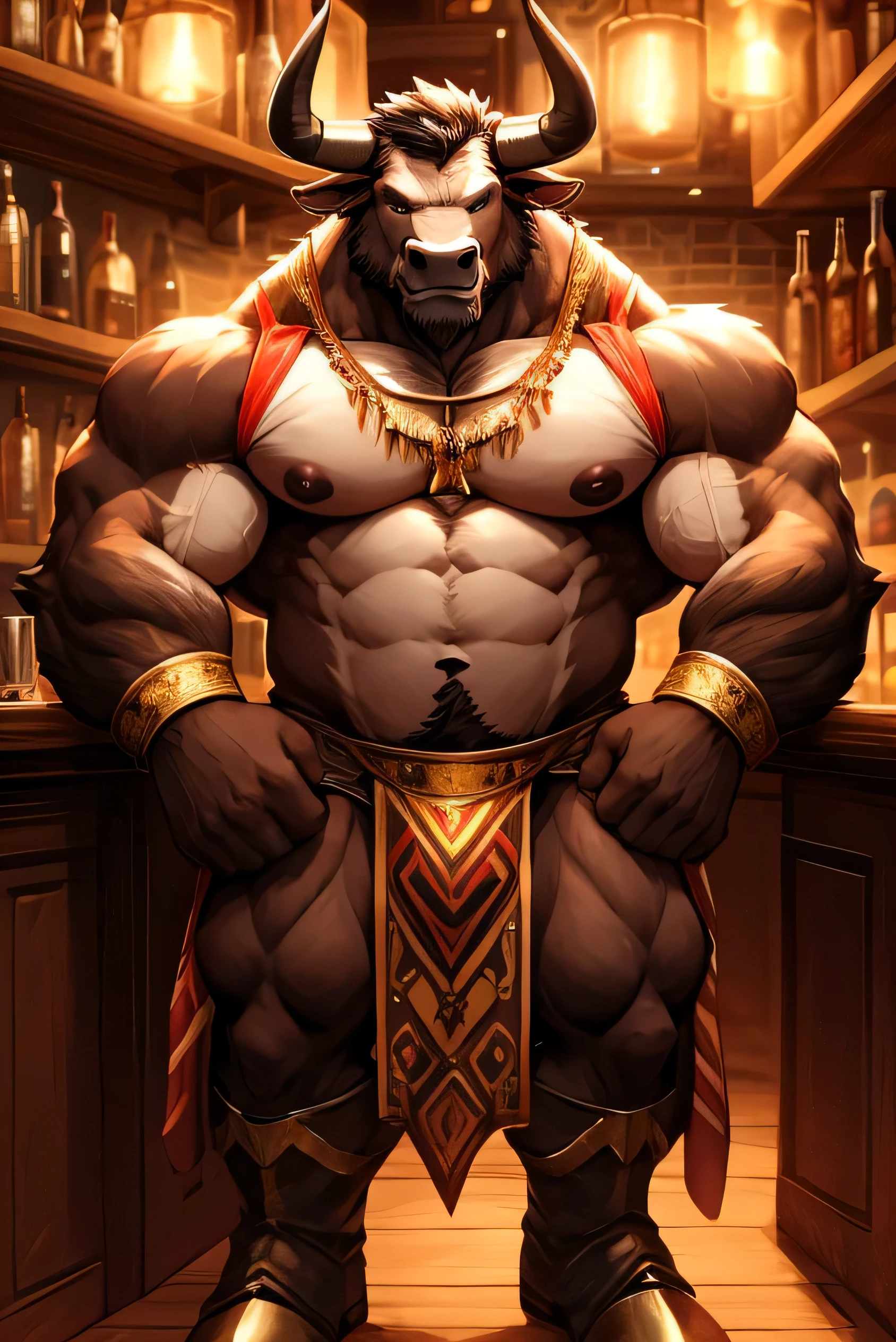 A Minotaur in a bar working as a bartender behind the bar. The Minotaur's body is large and hairy brown in color that shines in the candlelight. His fat and muscular body invites you to want to hug him. The Minotaur wears a vest with no shirt showing off his large pectorals and erect nipples, has gold colored horseshoe shaped piercings in his nipples, wears a loincloth with a bulge in the crotch, and wears boots. The Minotaur wears a white crest and has a thick black beard, bara,