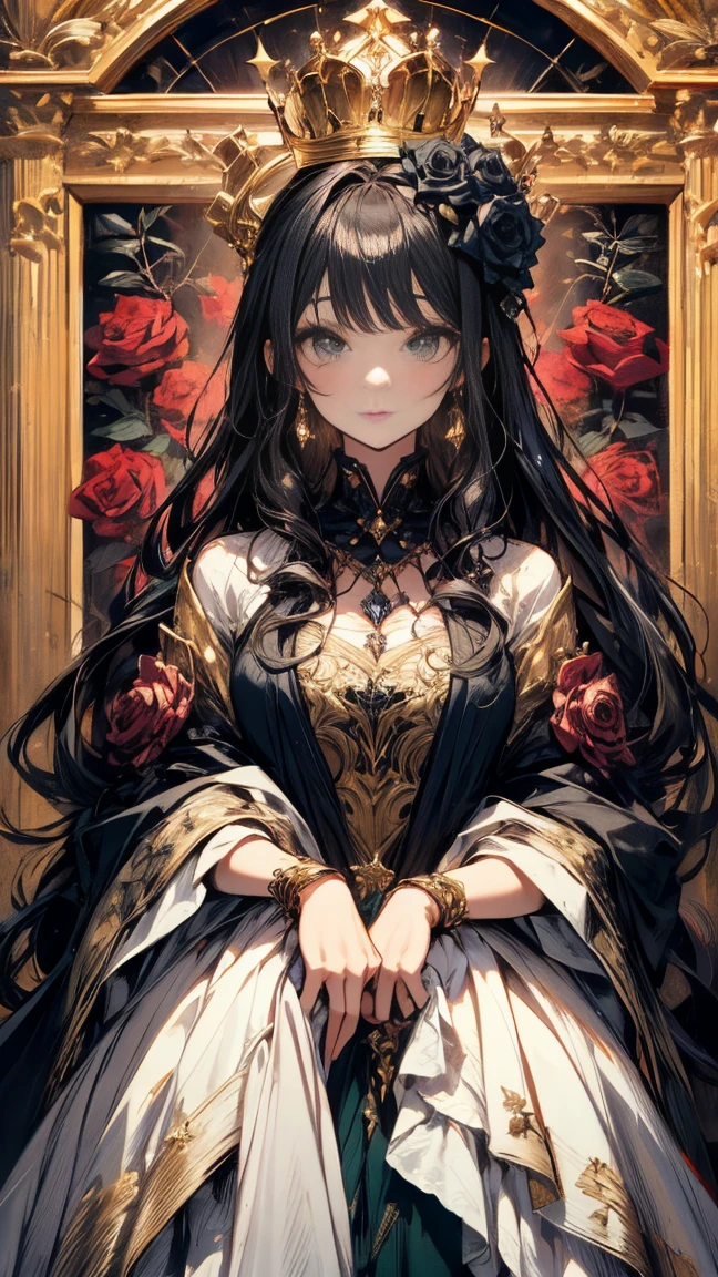 A beautiful goddess with black hair, dark green eyes, fair skin that wears a gold crown with black roses and a white long chiton