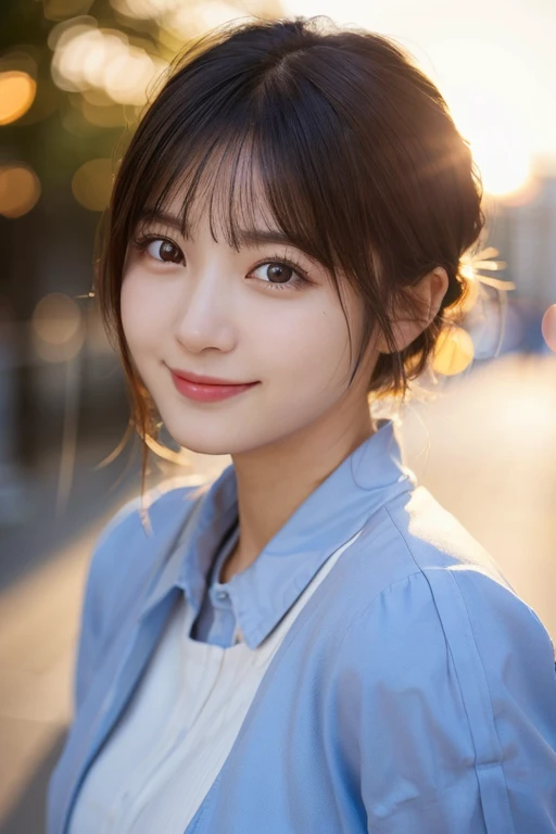 (highest quality,masterpiece:1.3,ultra high resolution),(Super detailed,caustics,8k),(photorealistic:1.4,RAW shooting),1 girl,(look at the camera with a smile),20-year-old,cute,Japanese,black hair short cut,long sleeve blouse,big ,bust up shot,street,face focus,face close up,sunshine,Natural light,(Backlight),(A bright light shines from behind),(Lens flare),professional writing,(low position:1.1),(Low - Angle:1.1)