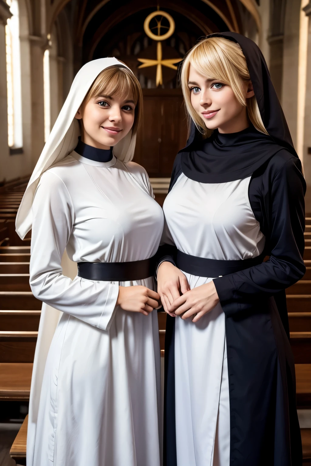 Two beautiful Italian girls、Blonde Hair、With bangs、Blue Eyes、smile、Beautiful breasts、Slim body、Monastic uniform、Nuns、Standing cuddly、In the church