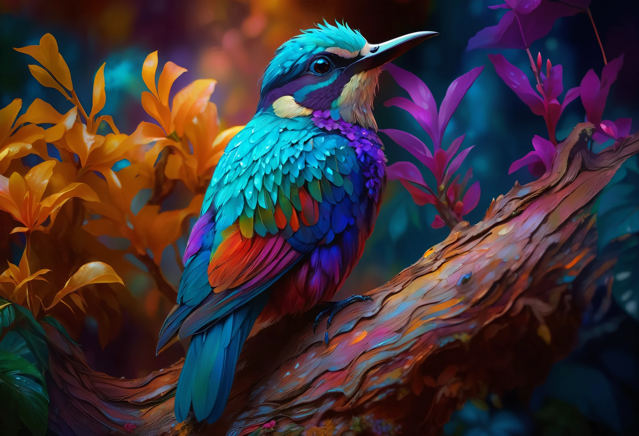Vibrant, Exotic bird perched on a lush tree branch, tropical rain forest, Surrounded by brightly colored flowers and leaves. Styled by Elara Mibon, digital art, Rich Features, Highly saturated colors and a bit of surrealism, Dreamlike quality, Enhance the natural beauty and mystique of the landscape. The bird's feathers are a kaleidoscope of colors., Sparkling in the dappled sunlight filtering through the upper canopy, Create captivating and seductive images, Style - Nebula