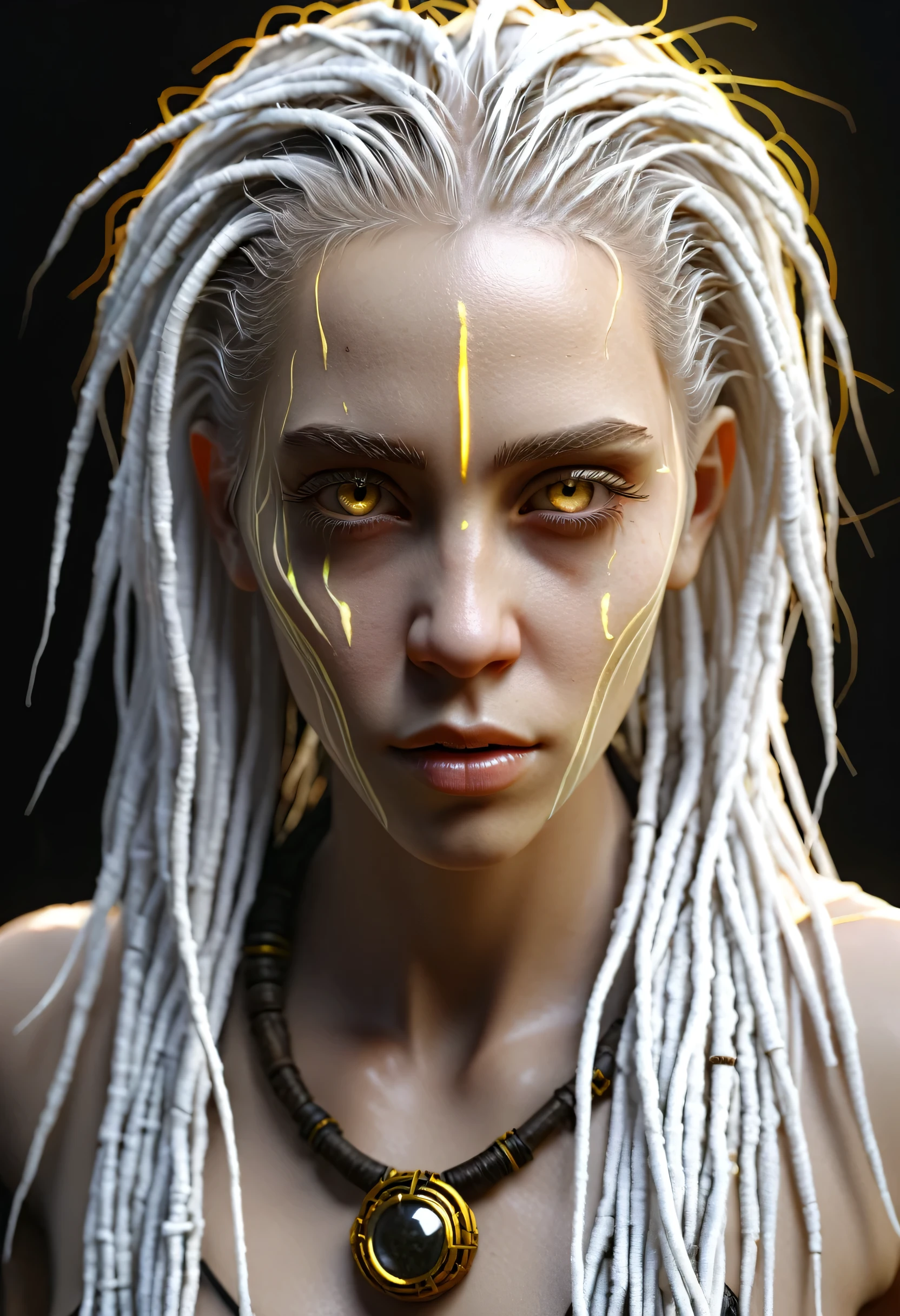 ultra realist powerfull ancient albine pale white skin white dreads yellow hazel eyes rastafari biopunk warlock elegant details cyborg soft shaded ciaro oscuro concept art master piece with glow eyes and rim lighted 8k photorealist