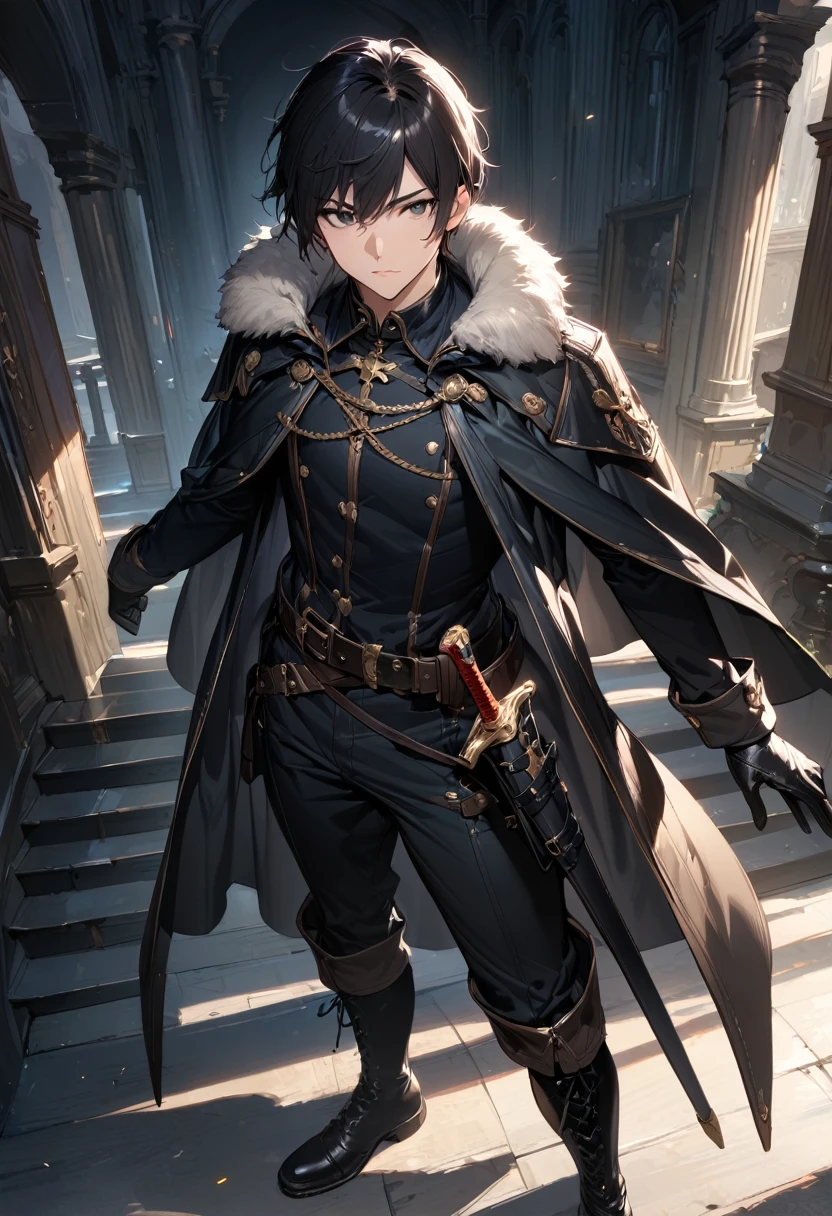 (masterpiece),(best quality),(ultra-detailed),(best illustration),(best shadow),(absurdres),(detailed background),(very aesthetic), 1Male, solo, male-focus, boots, black-hair, fur-trim, looking-at-viewer, standing, sheath, gloves, full-body, pants, jacket-on-shoulders, sheathed, black-footwear, belt, black-pants, black-gloves, jacket, cape, closed-mouth, knife, coat-on-shoulders, coat, stairs, cup, thigh-boots, black-cape, dagger, leather, black-eyes, holster, long-sleeves, indoors, short-hair, thigh-strap, cross-laced-footwear, scabbard,
