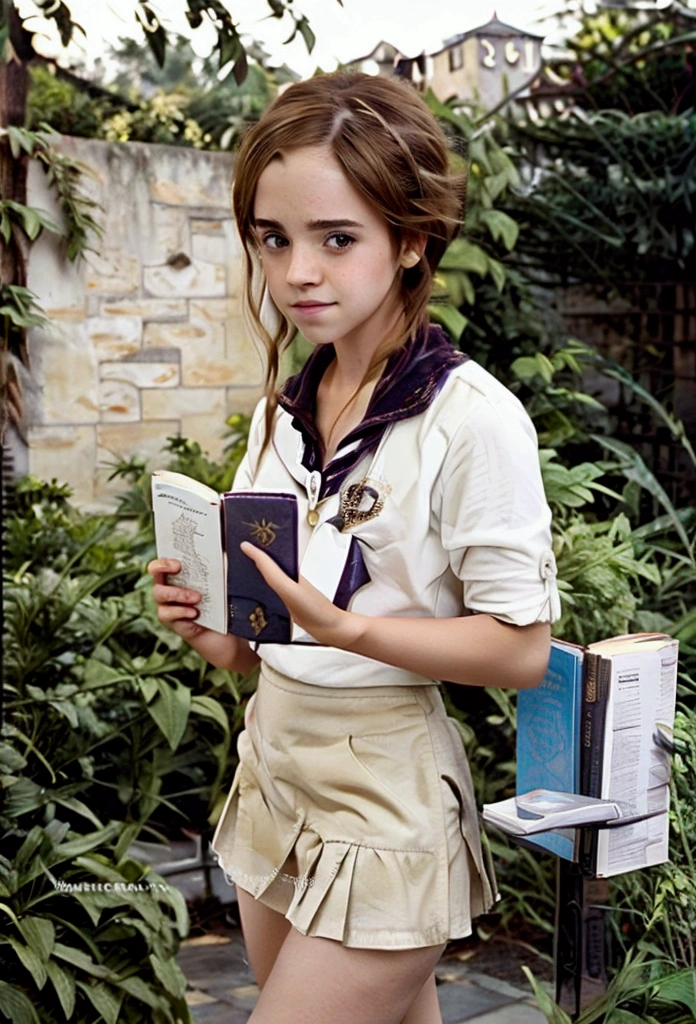 Hermoine Granger Hogwarts uniform., mini skirt,  white pantyhose, walking with his books , patio the Hogwarts,  bright sunny day 