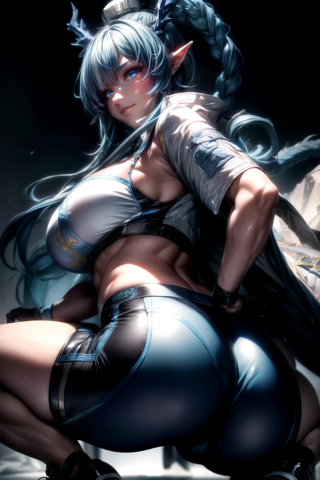 ak_ling, dragon girl, (blue hair:1.4), (blue eyes:1.5), long hair, (large breasts:1.2), (large ass:1.4), (Muscular Female),
BREAK ((bike shorts)), ((micro top:1.4)),
BREAK looking at viewer, sweaty body, ((smirk)), (sweaty:1.3), ((from behind)), ((from below)), squatting,
BREAK (masterpiece:1.2), best quality, high resolution, unity 8k wallpaper, (illustration:0.8), (beautiful detailed eyes:1.6), extremely detailed face, perfect lighting, extremely detailed CG, (perfect anatomy), 