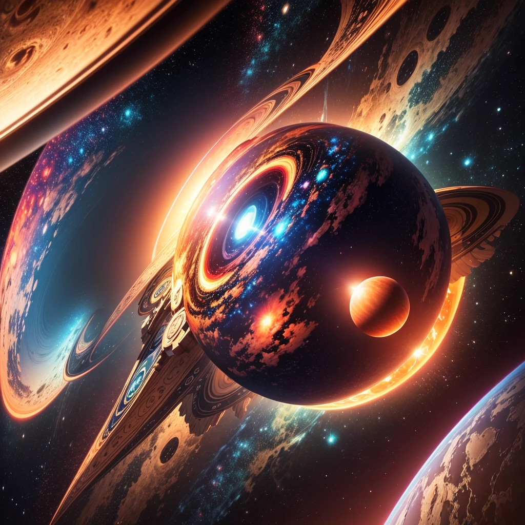 (best qualityer) extremely detailed 8K illustration, high color, extremely high color saturation, all the colors deepened, realist art, extremely detailed, 1 giant Saturn planet with rings, 1 flying eagle holding the planet with its claws, a galaxy composing the image.