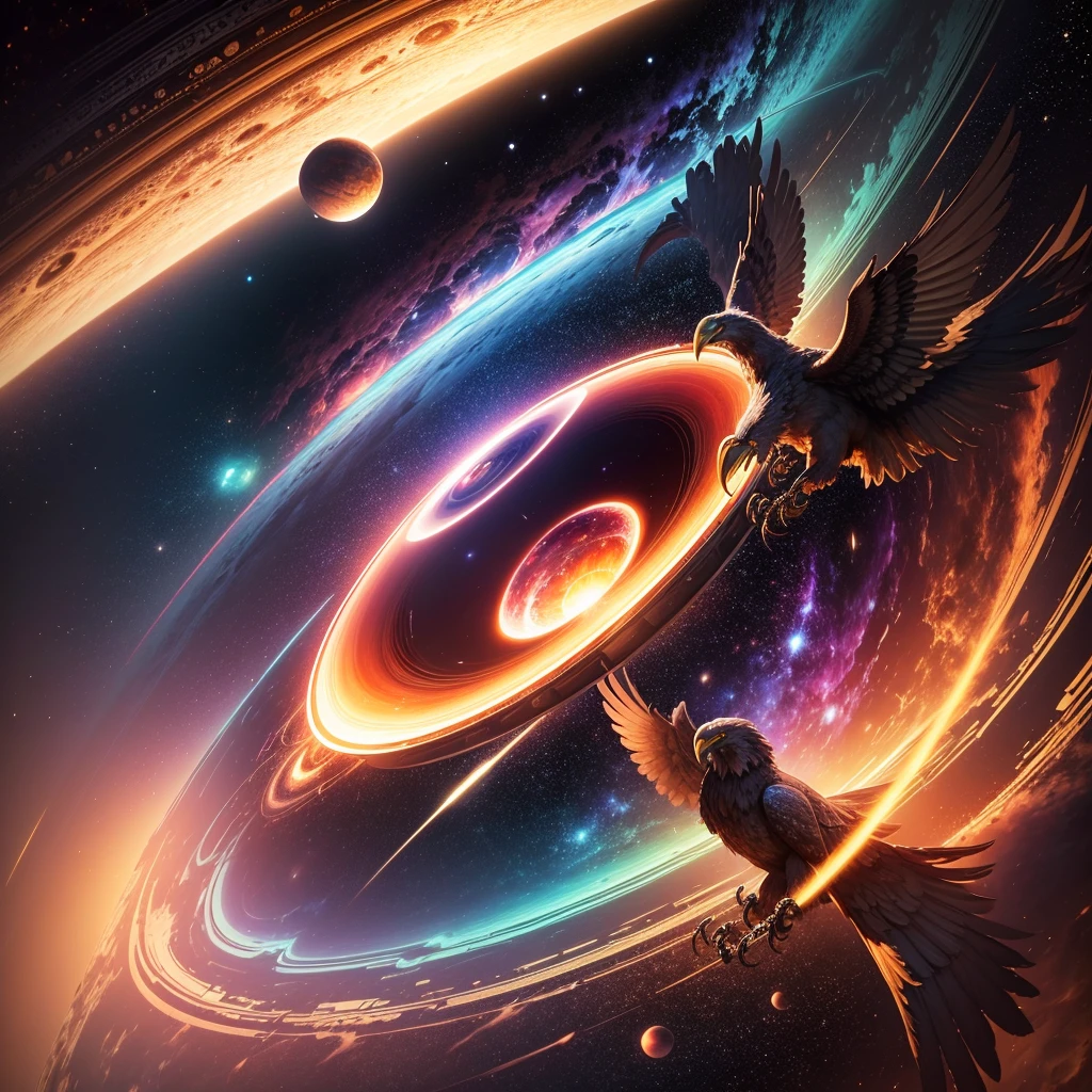 (best qualityer) extremely detailed 8K illustration, high color, extremely high color saturation, all the colors deepened, realist art, extremely detailed, 1 giant Saturn planet with rings, 1 flying eagle holding the planet with its claws, a galaxy composing the image.