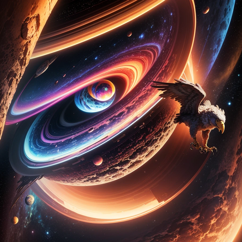 (best qualityer) extremely detailed 8K illustration, high color, extremely high color saturation, all the colors deepened, realist art, extremely detailed, 1 giant Saturn planet with rings, 1 flying eagle holding the planet with its claws, a galaxy composing the image.