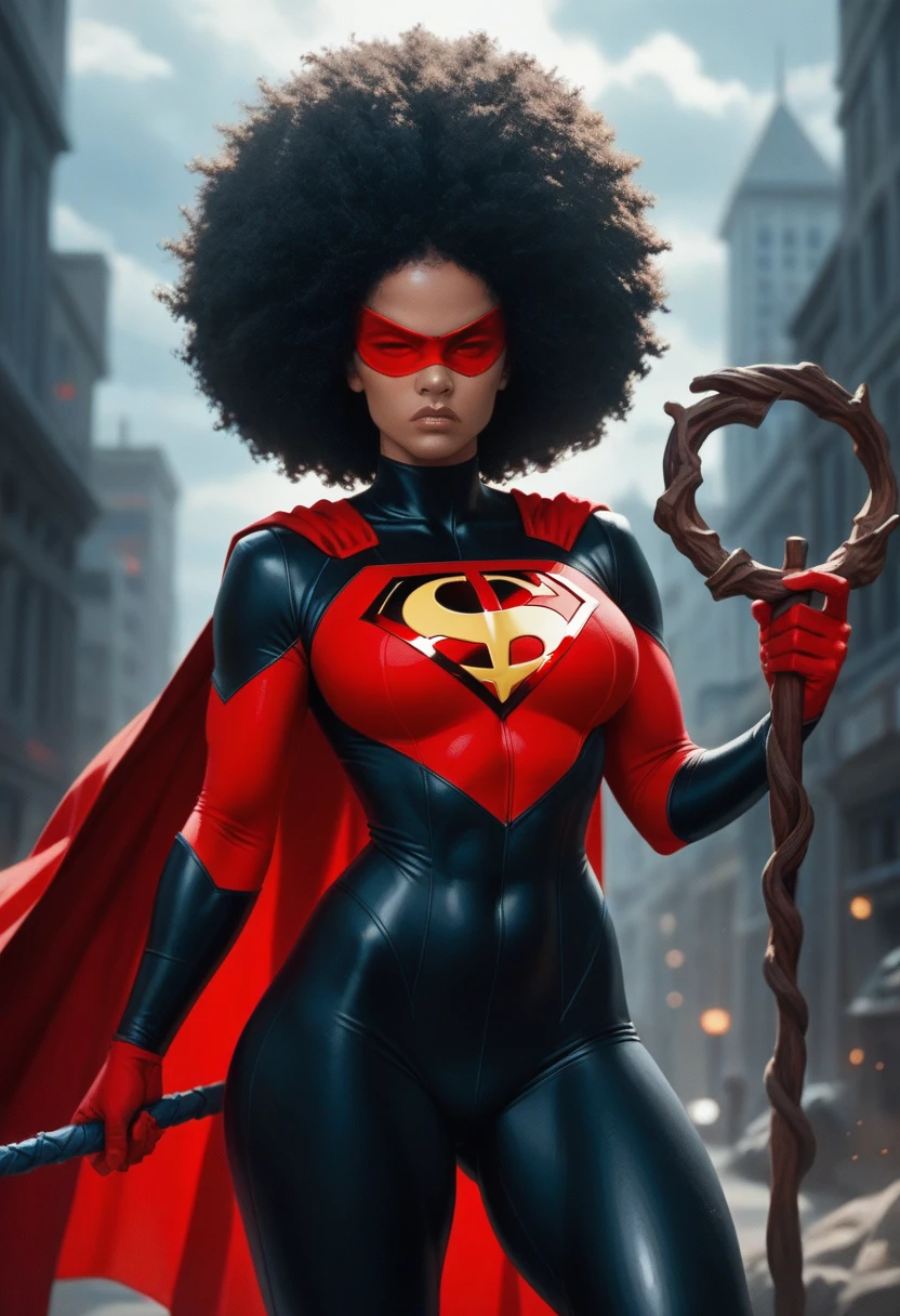 Animated, action, black girl, large dark red afro, eye covering, red superhero suit, curvy body, holding bo staff, serious