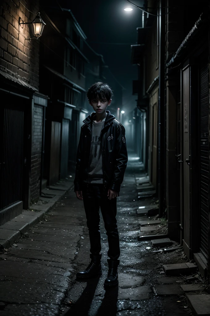 Create an image of a ghostly boy holding a soccer ball, standing in front of a dark alley on a densely dark night. The street is empty, and the scene evokes a horror movie setting. The boy has a sinister appearance, with a pale, ethereal glow, and an eerie expression. The alley behind him is dimly lit, with long, ominous shadows cast by old streetlights. The overall mood should be chilling and unsettling, capturing the haunting presence of the ghostly boy in this foreboding environment.