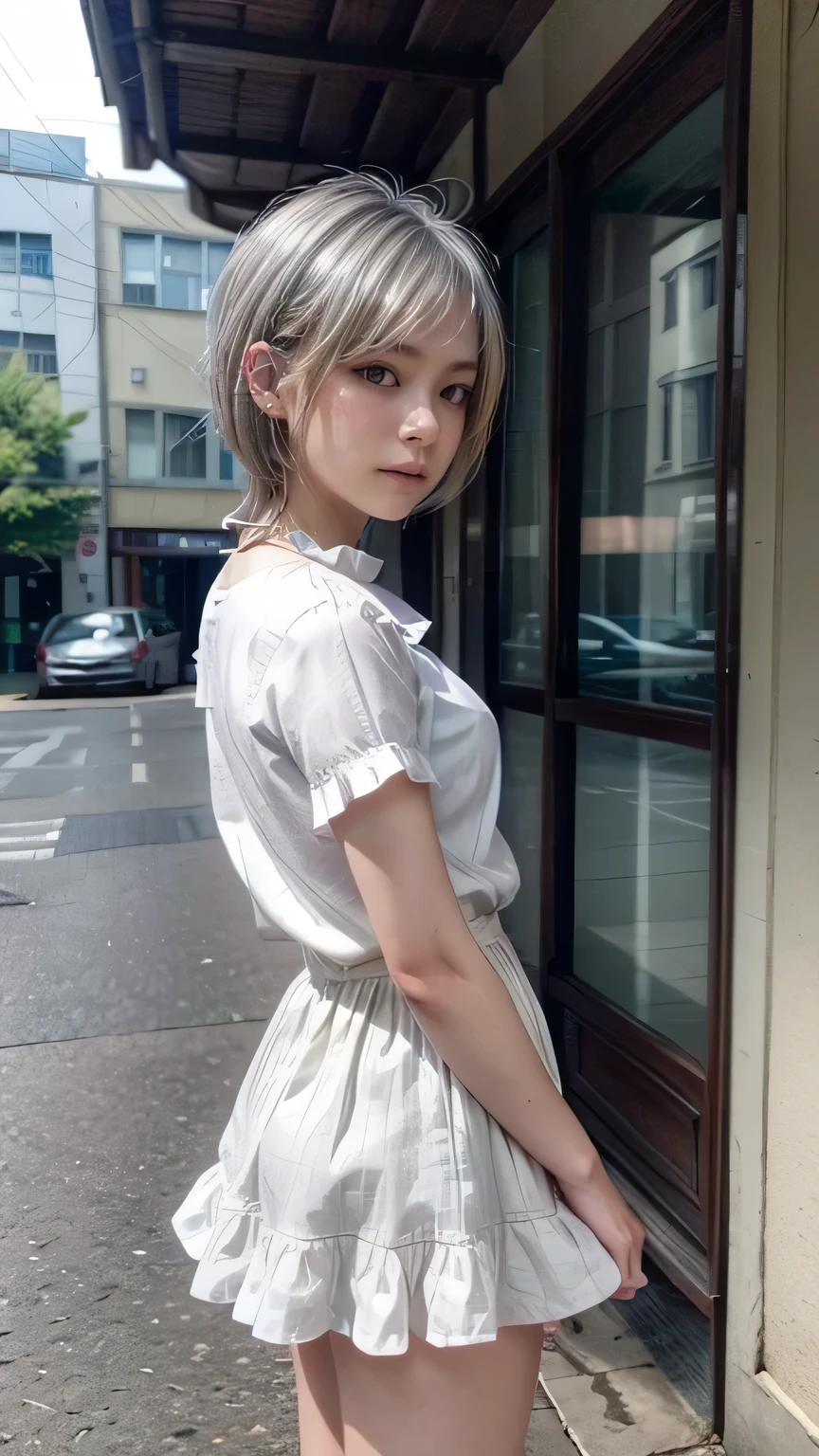 (Realistic、Like a photograph、Live Action、8k, Realistic, RAW Photos, Best image quality: 1.4), Single-lens reflex camera、RAW Photos, Highest quality, Realistic, Highly detailed CG Unity 8k wallpaper, Written boundary depth, Cinematic Light, Lens flare, Ray Tracing, Realistic background、A landmine girl waiting for someone、((Wearing a white blouse:1.4)、((Wear a frilly skirt:1.1、p-line)、Small breasts))、((ultra high density skin))、 1 female,cute Japanese、Standing in front of the station, waiting for someone while looking at his smartphone、The whole body is visible:1.5、Wearing sneakers:1.1、((Silver Hair:1.5)、short hair:1.2、My hair flutters in the wind)、stylish ambiance、Very detailed and perfect costume、(White skin)、Precise and beautiful legs:1.1、View from behind、Super detailed face