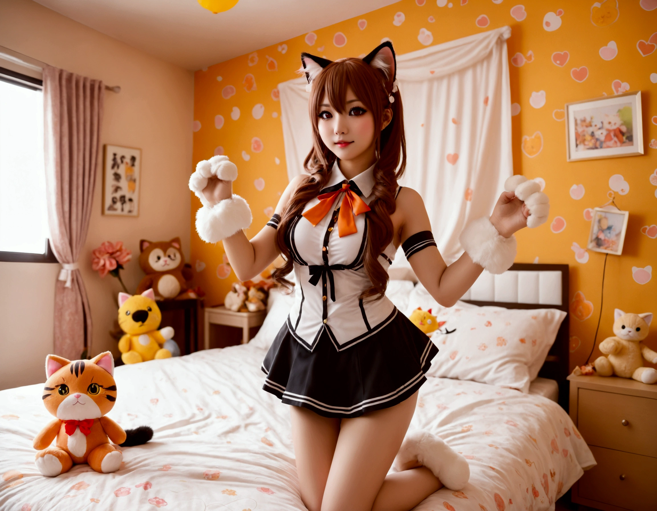 Xiaorou SeeU, age 20, in a adorable sexy cat girl cosplay, dancing and looking totally cute. Bedroom with stuffed animals