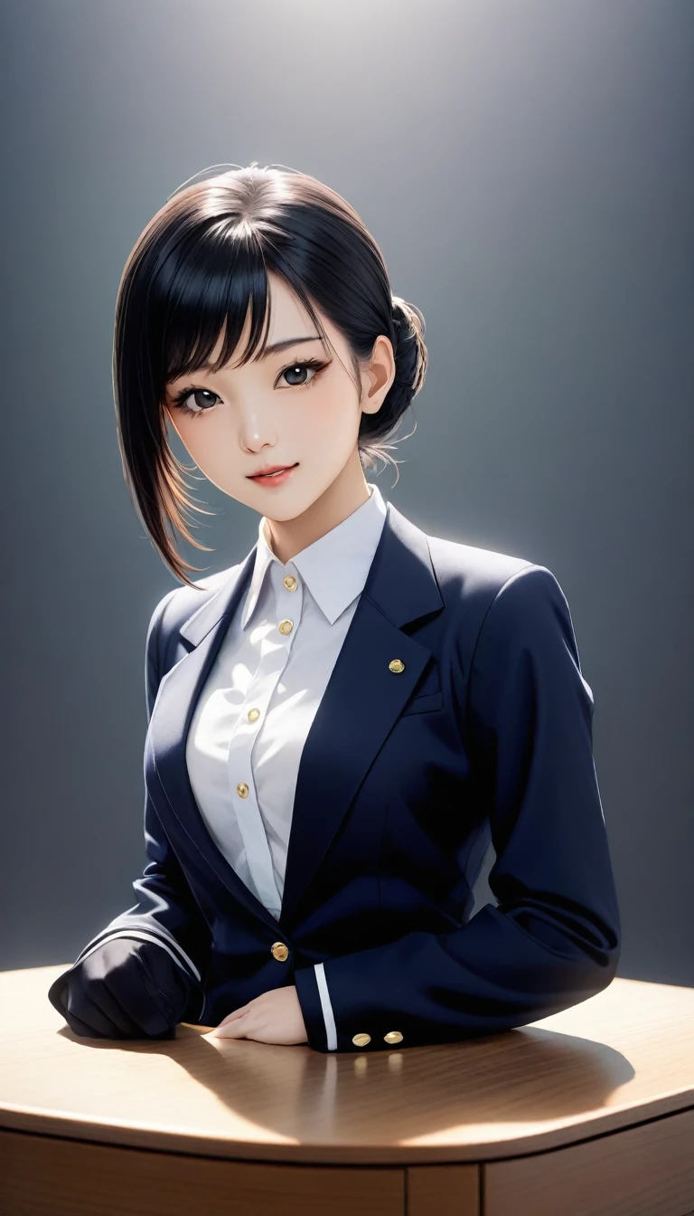 8k, Ultra-high resolution, Highest quality, masterpiece, 三分割法によるphotograph,Surreal, photograph, 1 girl, (:1.3), pretty girl, Cute Face, Beautiful eyes in every detail, 細かくdetailedに,masterpiece,One Girl:1.2, Japan Female Announcer,Tabletop,Glare,Black Hair,Slicked back hair,Blazer Uniform,White collared blouse,The chest buttons are open,Sharp focus、Perfect dynamic composition、Beautiful and detailed、Thin Hair、Realistic skin texture with attention to detail、smile、Close-up portrait、Model body type,Looking at the audience、beauty,Long neck、(((Ideal body type))),A-cup small breasts :2,、Portraiture:2、Perfect Anatomy、なdetailed、detailed、Surreal、Light and shadow,Strong light